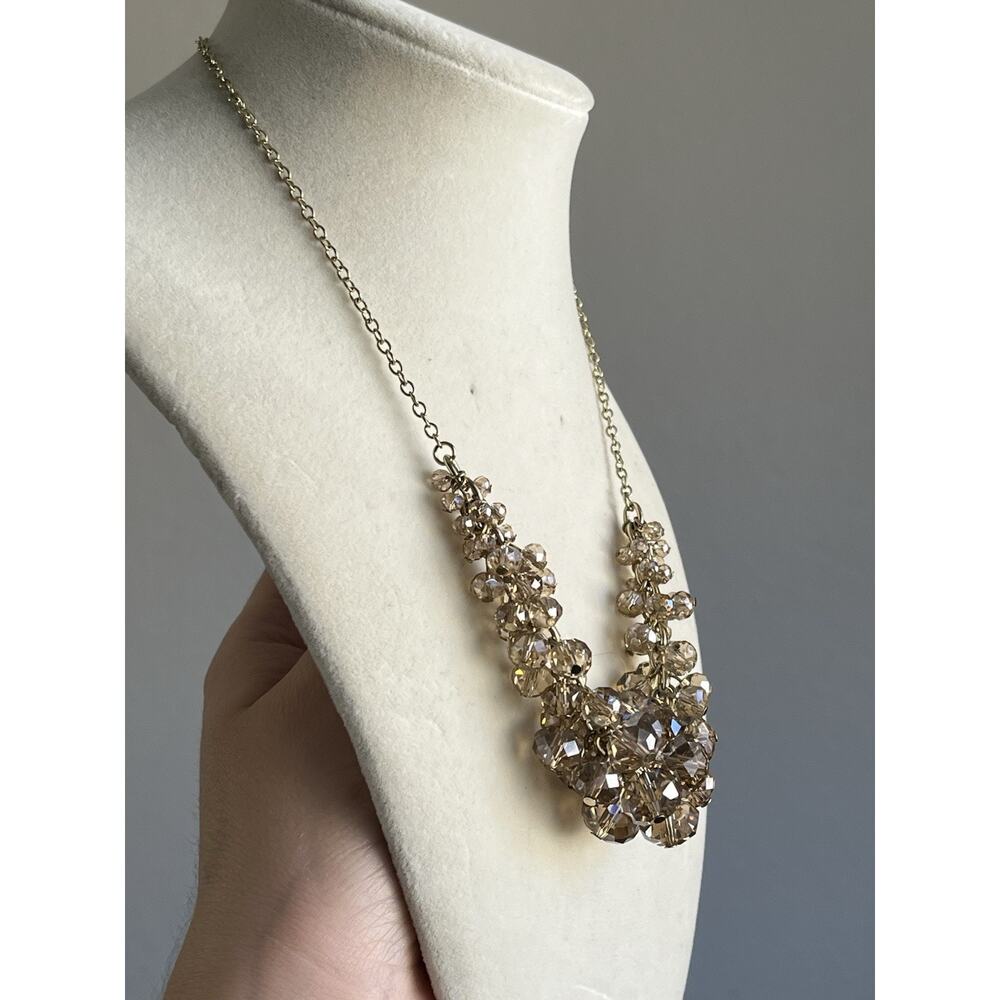 Gold Tone Cluster Champagne Cha Cha Crystal Glass Bead Necklace 19-20” - Picture 2 of 5